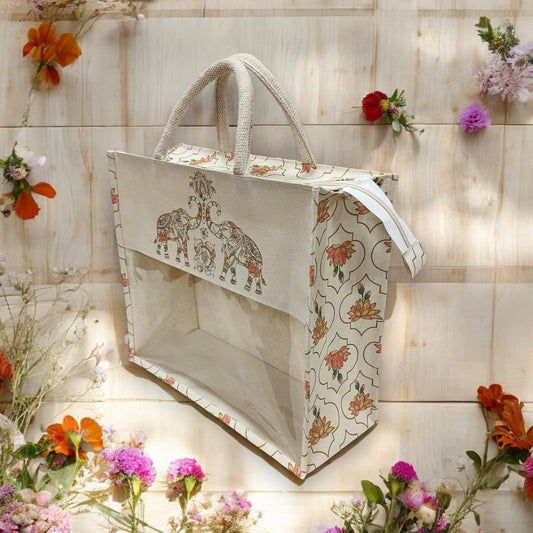 Jute Bag with window-cream window Elephant Print