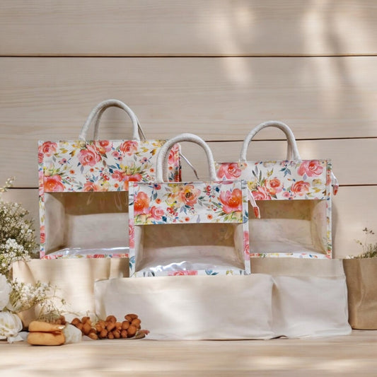 Jute Bag with window-cream window Floral Print