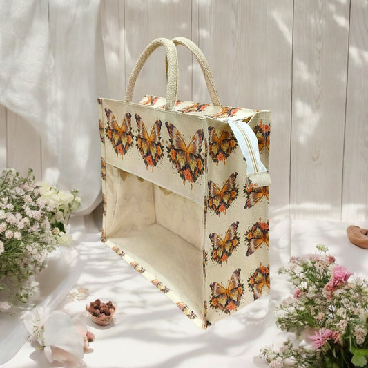 Jute Bag with window-cream window Butterfly Print