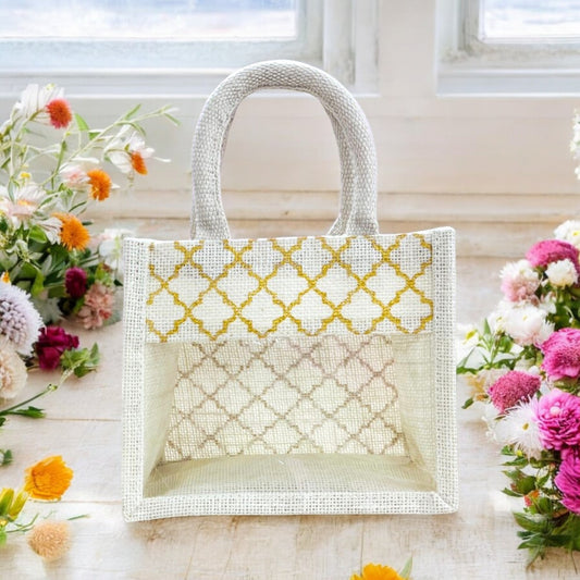 Jute Bag with window-cream window Checks Print